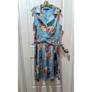 Leslie Fay Fit And Flare Blue Floral Sleeveless Dress Spring Summer Women's 16